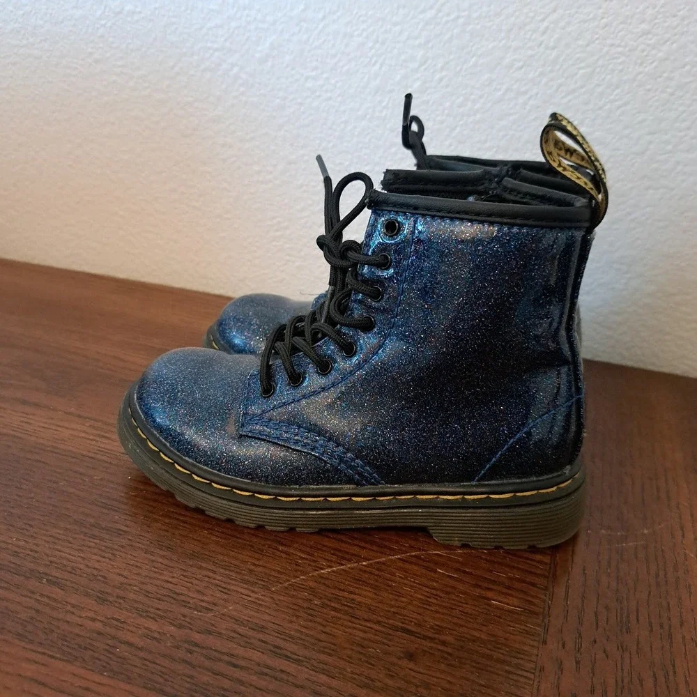 Dr. Martens Delaney Blue Glitter Lace Up Side Zip Ankle Boots Kids 8 UK 9 US